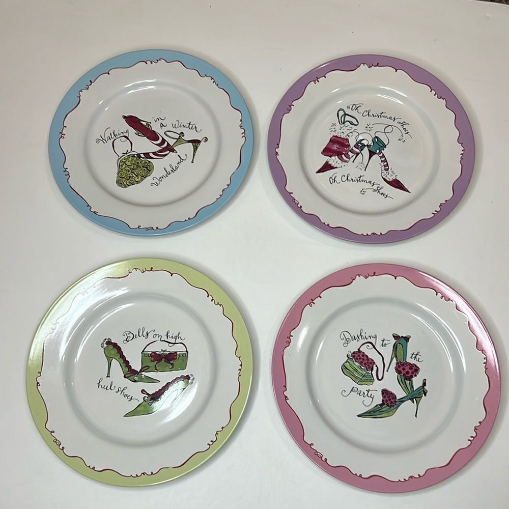 Rosanna Christmas Holiday Shoes Bells Party Salad Dessert Plates 8 1/4 In Set 4